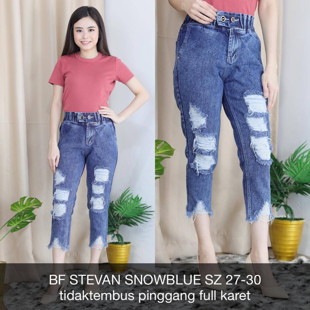 CELANA JEANS WANITA BF STEVAN SNOWBLUE SZ 27-40 TIDAK TEMBUS PINGGANG FULL KARET