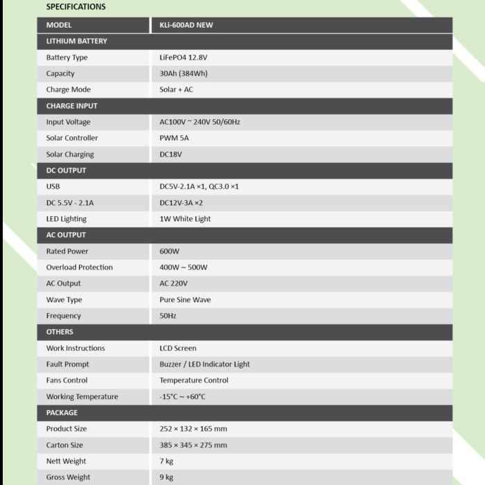 PORTABLE SOLAR POWER GENERATOR 600W KENIKA KLI-600AD