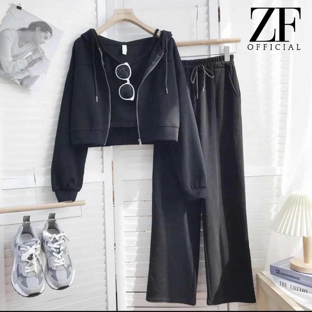 One Set Baju dan Celana Olahraga Wanita Korean Style Bahan Fleece Cotton
