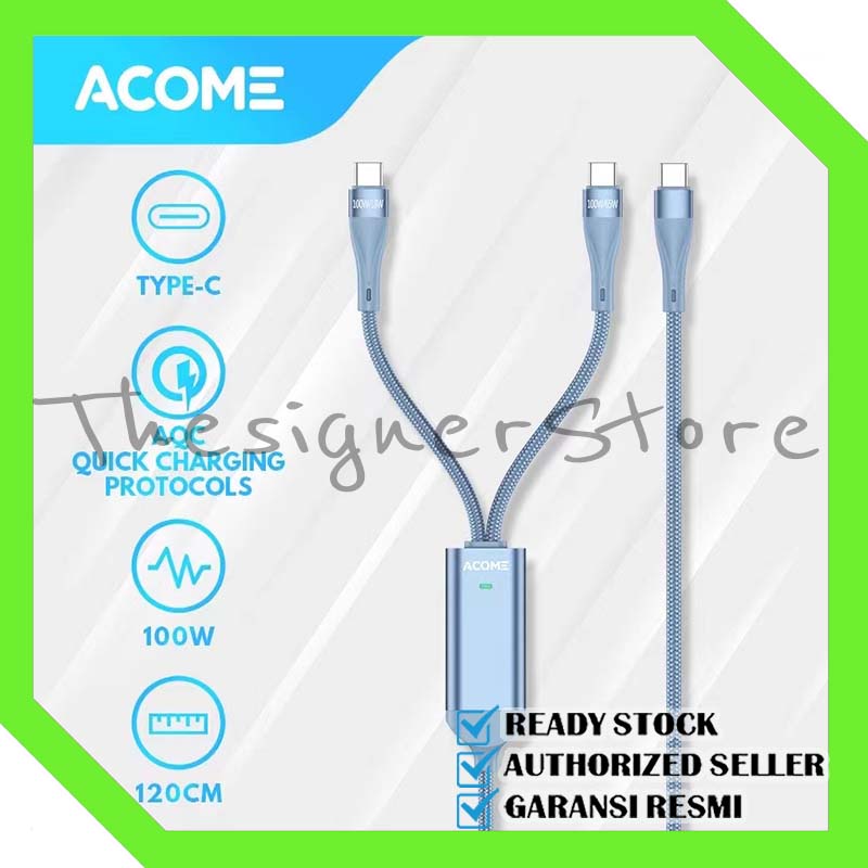 Acome Kabel Data Type-C 2 100W 2 in 1 Quick Charging Cable Garansi Resmi 1 Tahun ACC012