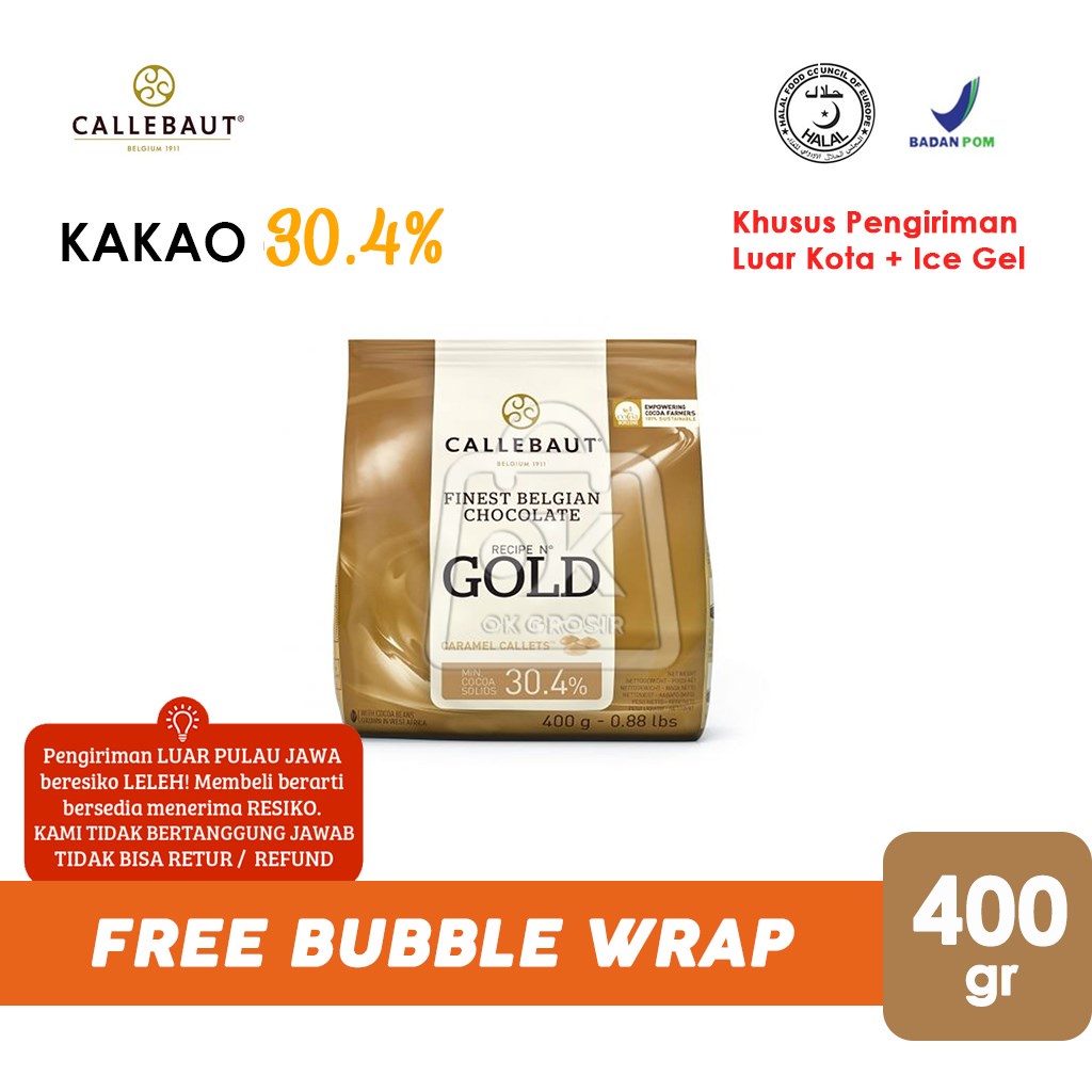 

Callebaut GOLD Caramel Chocolate Couverture Cokelat (Pack Asli 400gr) LUAR KOTA + ICE GEL