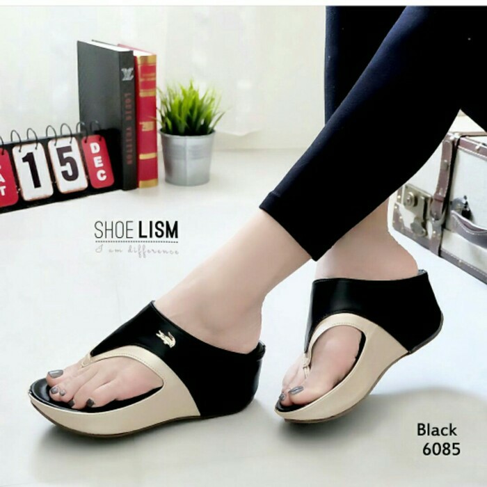 Q35F1 EMORY NARRA SEPATU WEDGES WANITA BATAM    WEDGES CROCODILE (HITAM) - HITAM, 36