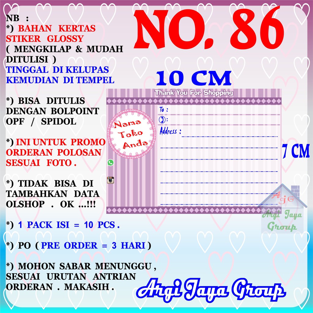 

Promo!Stiker Label Pengiriman Polosan No = 86 (10x7cm) 1 Pack = 10 Pcs