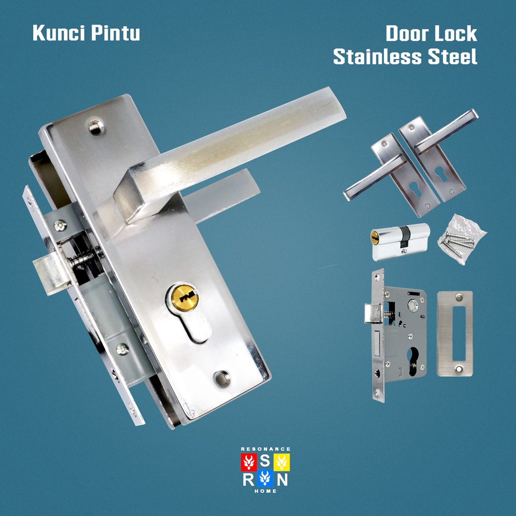 Kunci Pintu Rumah Kotak 15cm Silinder Premium Full Set l Gagang Handle Pintu Rumah I Pintu Kamar I Stainless Resonance Home