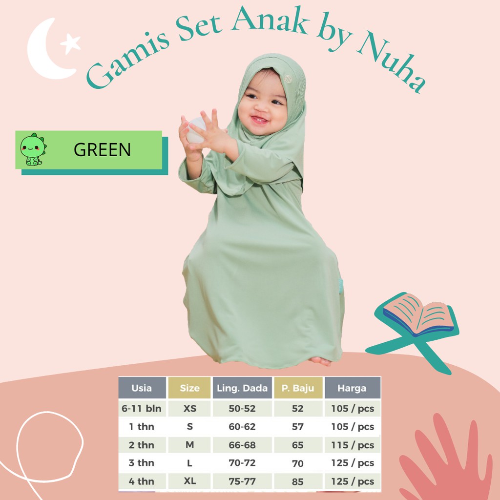 BAJU MUSLIM GAMIS SET ANAK CEWEK PEREMPUAN BY NUHA HIJAU GREEN PASTEL