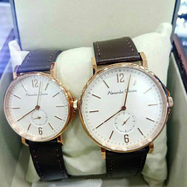 Jam Tangan Couple Alexander Christie AC 8458 Tali Kulit Mesin Baterai Original