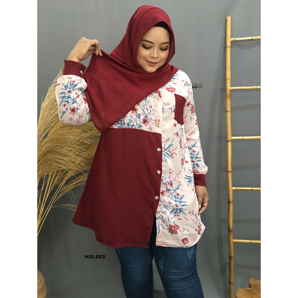 Tunik Hem Kemeja wanita jumbo big size bunga2 busui lebaran kantor lengan panjang LD.120cm XXXXL