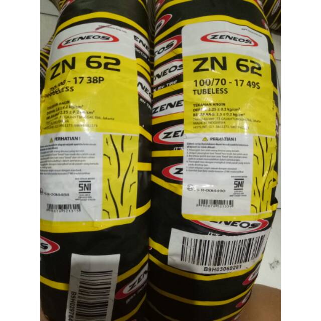 Paketan Ban Zeneos 70/90-17 dan 100/70-17 ZN62 Tubeless