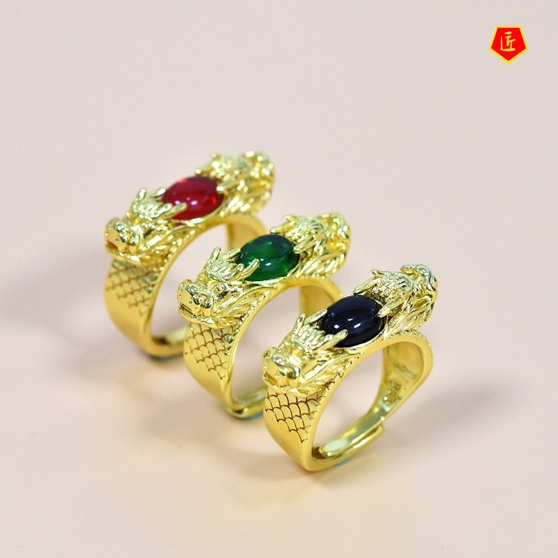 [Ready Stock]Gold Inlaid with Jade Gem Two Dragons Open Ring