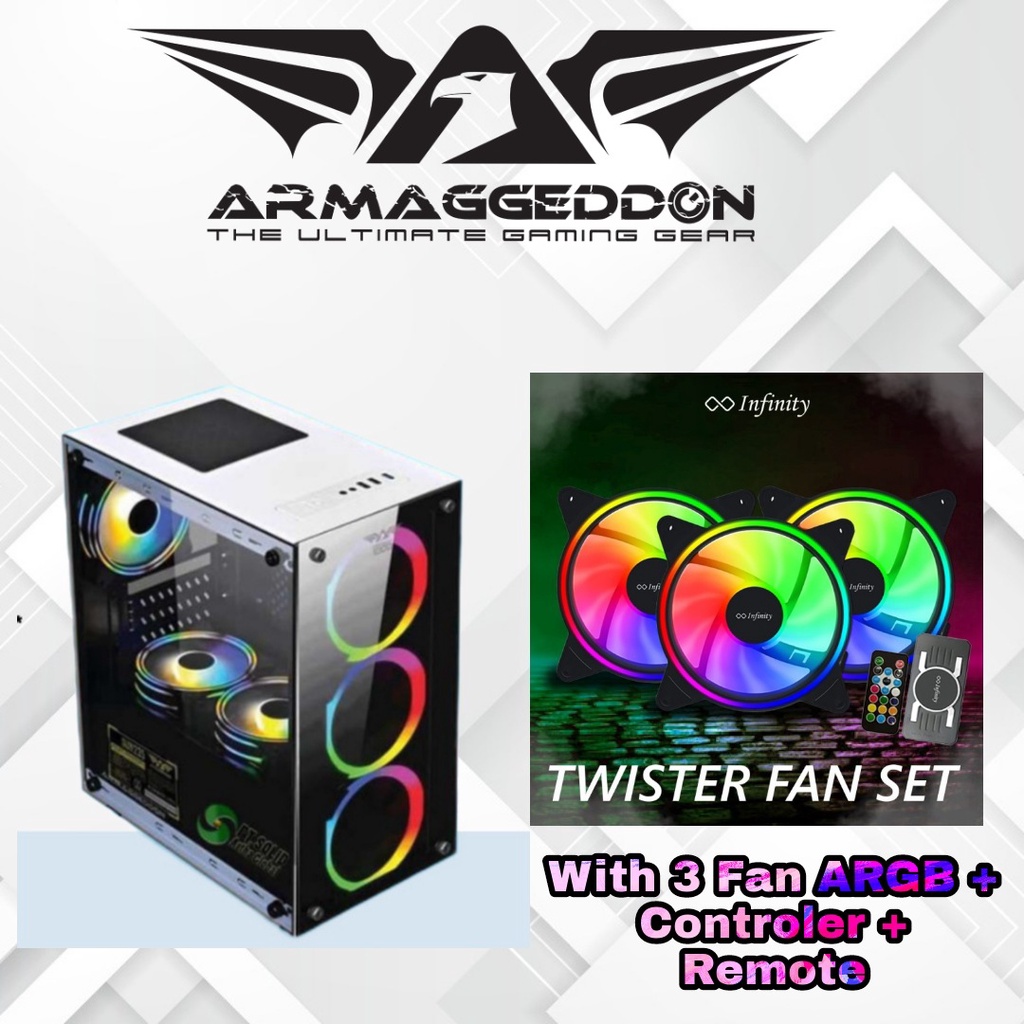 Casing PC Gaming Armaggeddon NIMITZ TR1100 White / Black FREE  Fan Mini ITX Micro ATX Side Front Tampered Glass Casing Gaming Murah With PSU Bronze 235FX 475 Watt