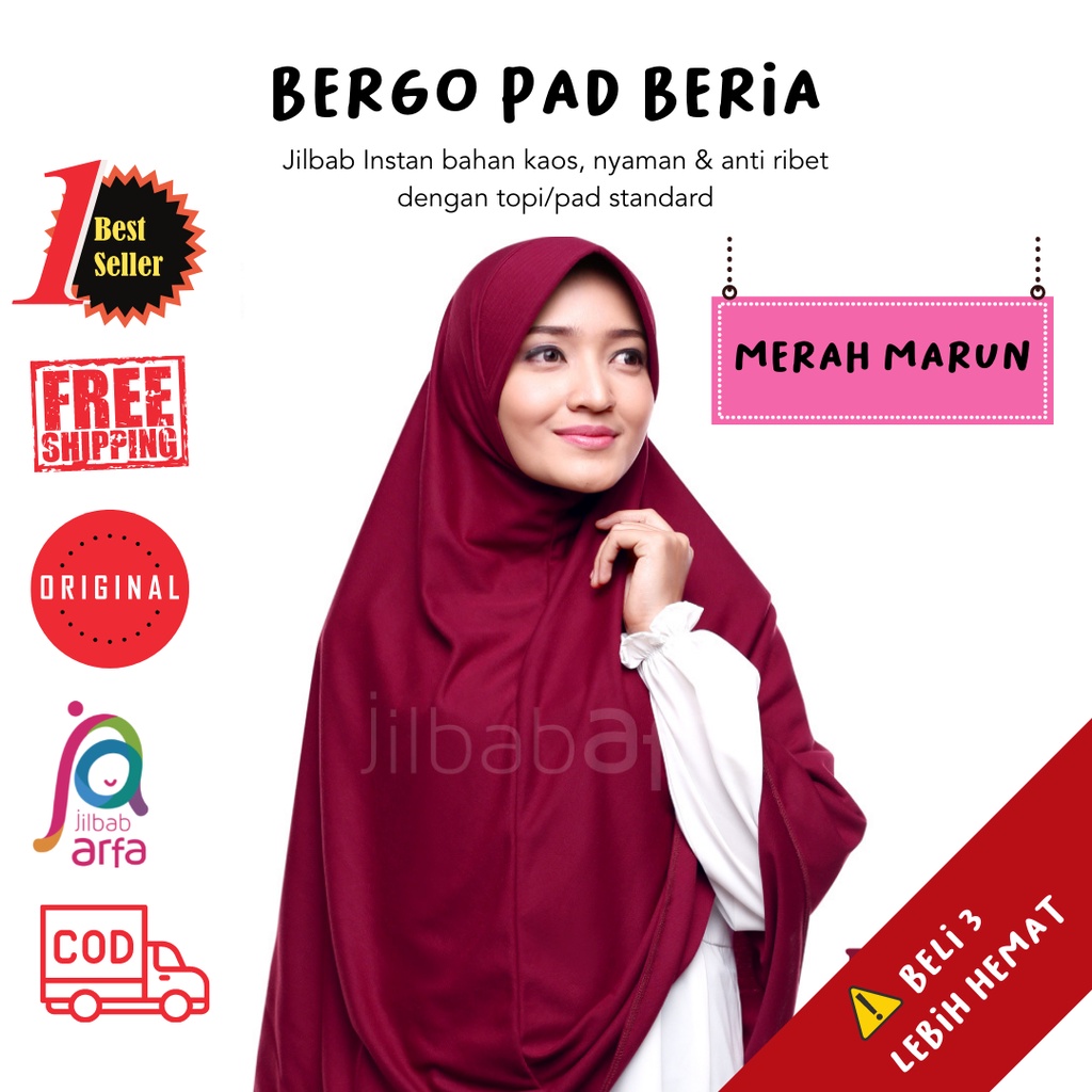 Jilbab Beria Merah Maroon  - Bergo Jilbab Afra - Hijab Instan Bahan Kaos,Jilbab sekola,Adem,Lembut