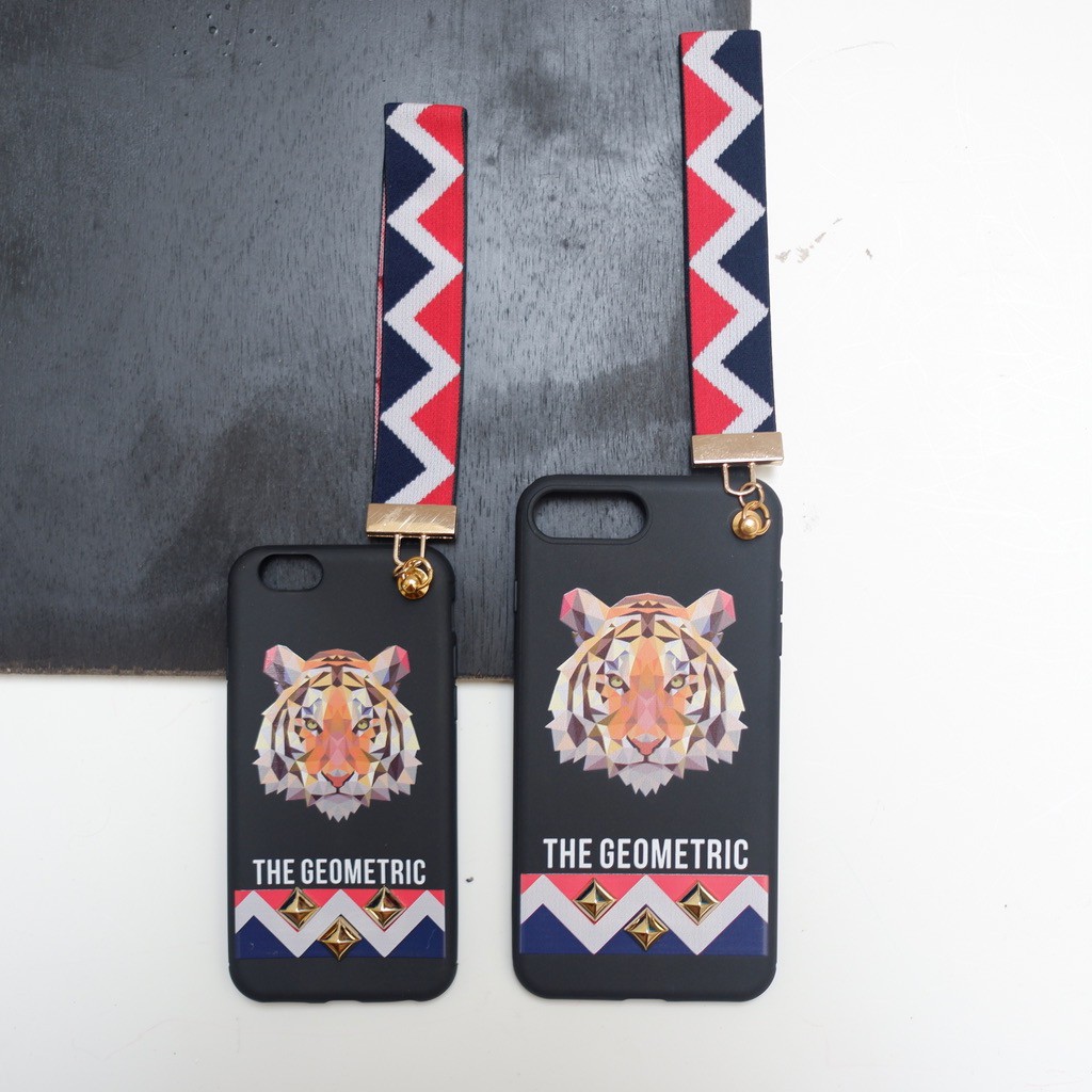 Soft Case HP Iphone with strap , Casing 6/6S, 6/6S Plus, 7 &amp; 7 Plus, Rubber - Black Geometric Tiger