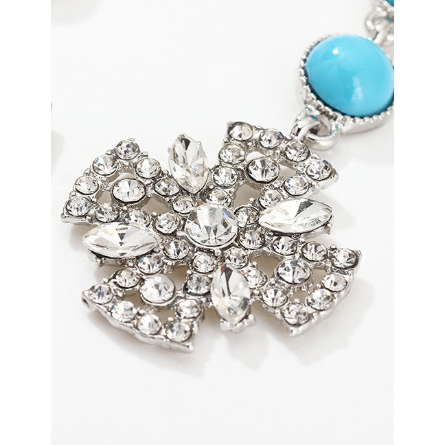 LRC Anting Tusuk Fashion Silver Blue Turquoise Long Zircon Flower Earrings D94454