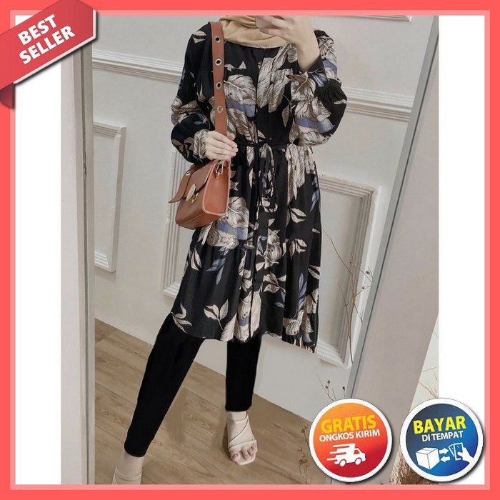 Tunik Wanita Mewah Lengan Panjang Putih Jepang Pesta Motif Bunga R8A4 Crincle Cewek Kondangan Muslim