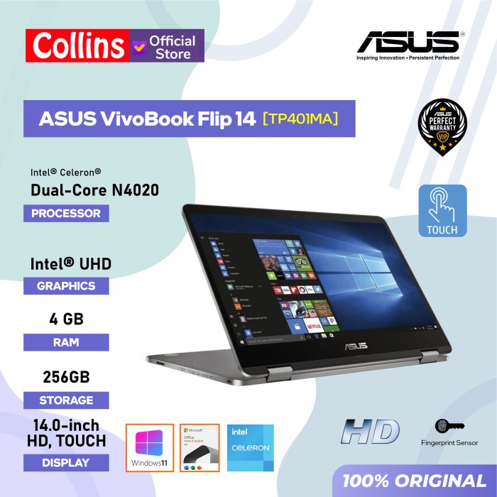 {MahesStore} LAPTOP ASUS VivoBook Flip TP401MA N4000 4GB 256GB SSD 14 W10 Touch - HD 1366x768 Limite