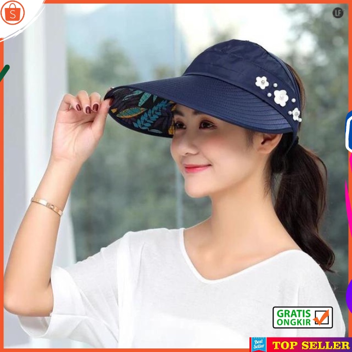 Topi Visor Pantai Wanita Dewasa Korea Kekinian Motif Bunga Navy Golf Cap Girl Fashion BEST K2