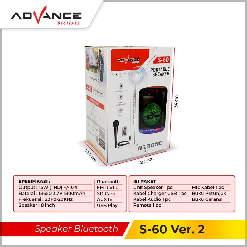 Advance S=60 Speaker Bluetooth 8Inchi Plus Mic Karaoke/Speaker Wireless Radio Fm/Salon Aktif Portable Etra Power Sound