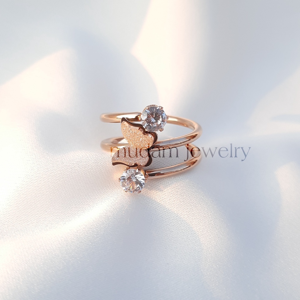 Cincin Titanium Kupu-Kupu Dua Diamonds Tersedia Warna Rosegold, Gold dan Silver