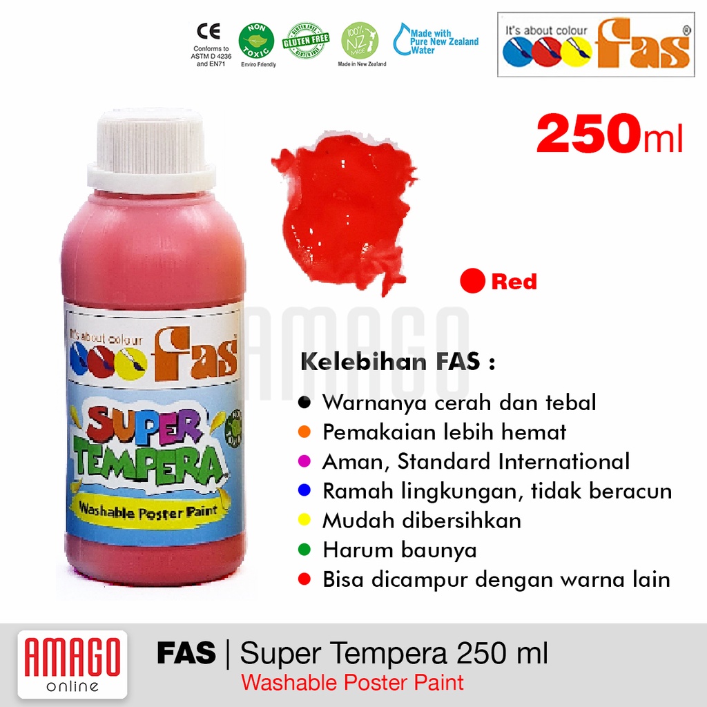 

FAS Super Tempera Washable Poster Paint Cat Lukis Cepat Kering Sekolah 250 ml - warna Brilliant Red