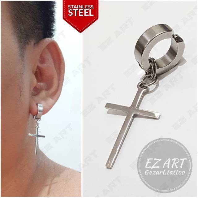 1Pc Model EZ-H Silver Anting Jepit Tusuk Variasi Bandul Salib Punk Korea KPOP Stainless Steel