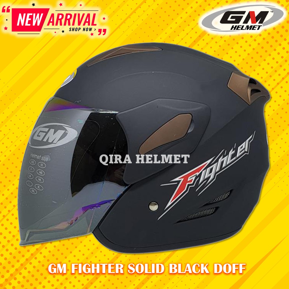 Helm GM Fighter Solid Black Doff Hitam Dop Single Visor Rainbow - Helem Motor SNI DOT Touring Dewasa