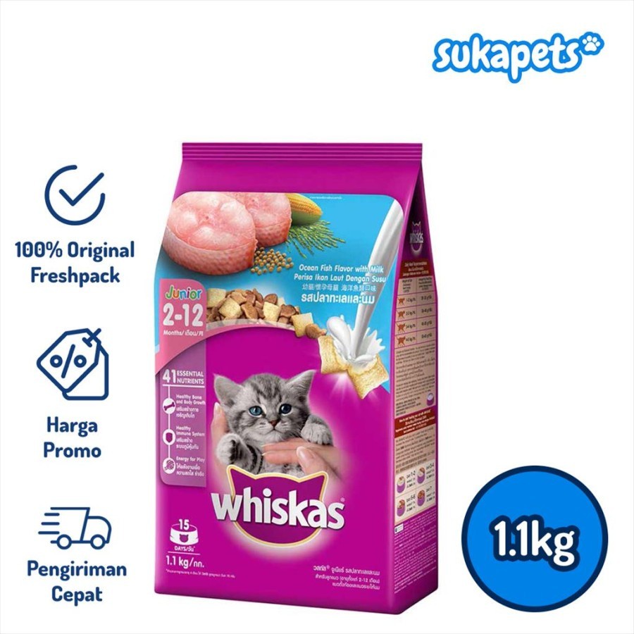 Whiskas Kitten Junior Ocean Fish Dry Food Makanan Kucing 1.1kg