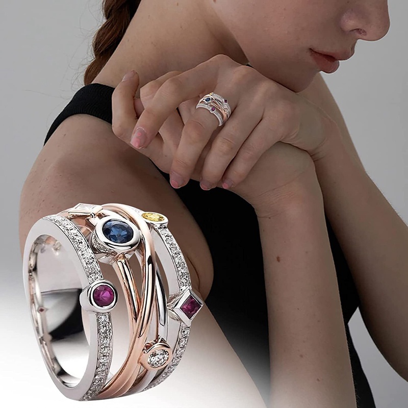 Cincin Berlian Penuh Permata Geometris Multi Baris Warna-Warni Untuk Wanita