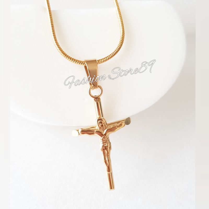 Kalung Salib Jesus Titanium Silver Gold Premium Antikarat Fashion Rohani Kalung Titanium Salib Antikarat