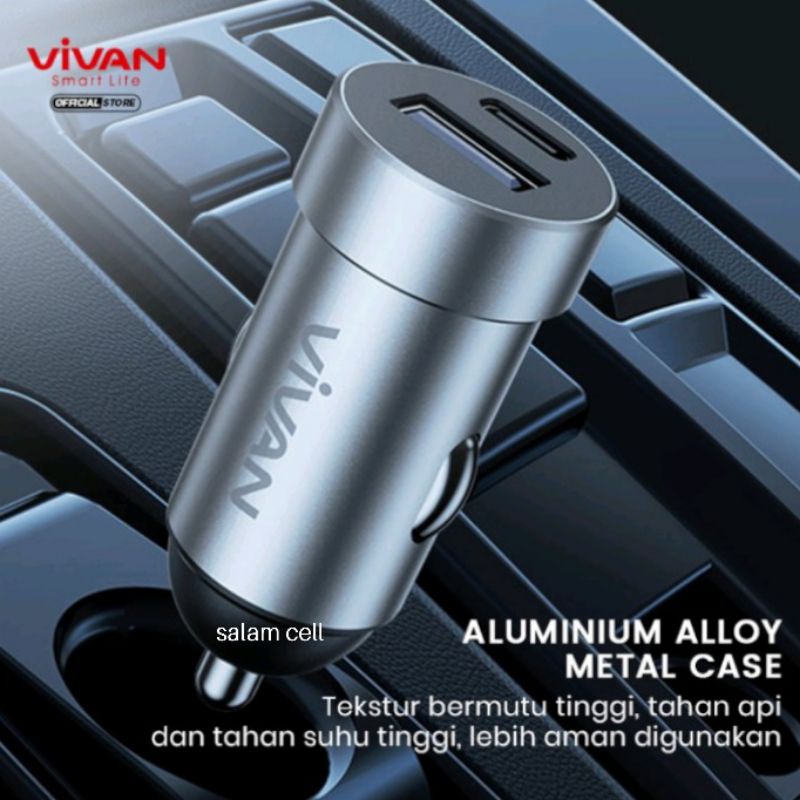 Car Charger VIVAN Casan Mobil 2 Ports USB-A 69% &amp; Type C 20W 3A QC3.0 PD Fast Charging Garansi 1 Tahun