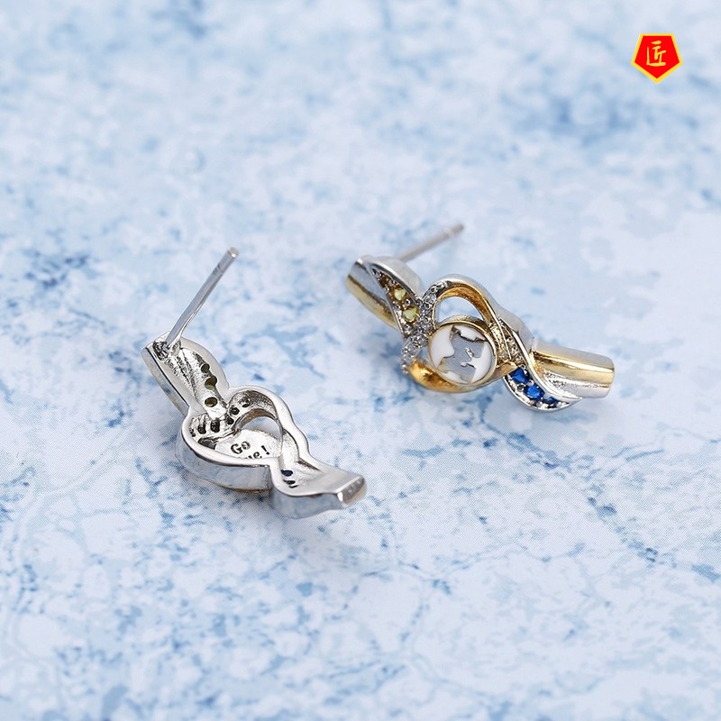 [Ready Stock]Simple Ring Heart-Shaped Two-Color Ear Stud Necklace Suit