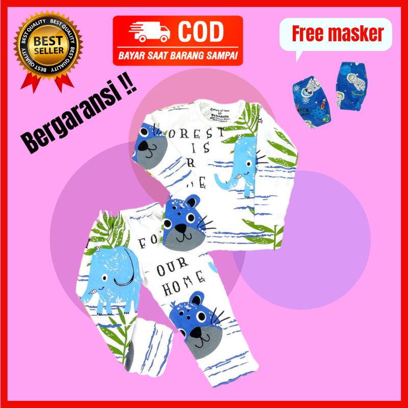 Set piyama baju tidur Kaos Pakaian anak celana panjang lengan panjang terlaris Motif Gajah Elephant 