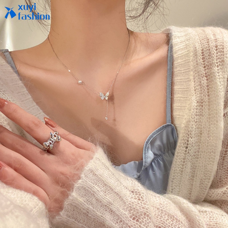 Kalung Rantai Choker Liontin Kupu-Kupu Hias Kristal Mutiara Warna Silver Untuk Wanita