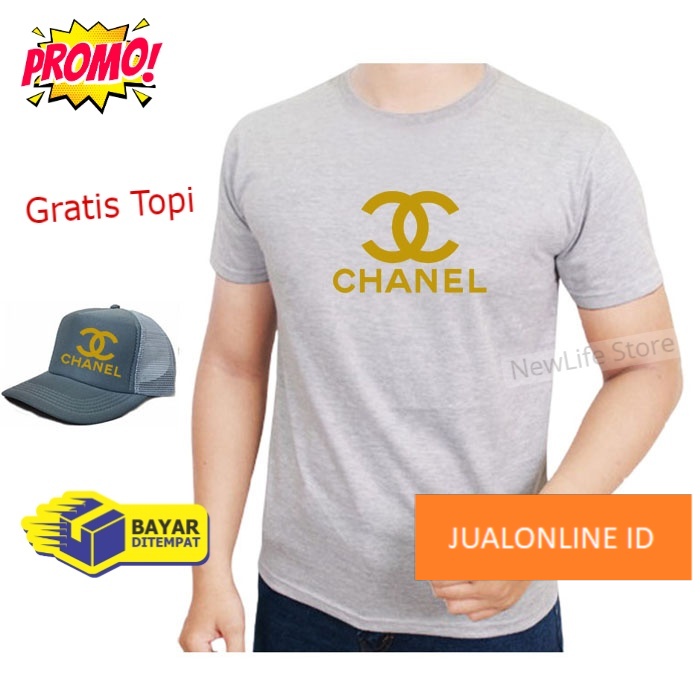 Beli Baju Gratis Topi - Kaos Distro Chanel Gold Premium Pria Wanita Lengan Pendek