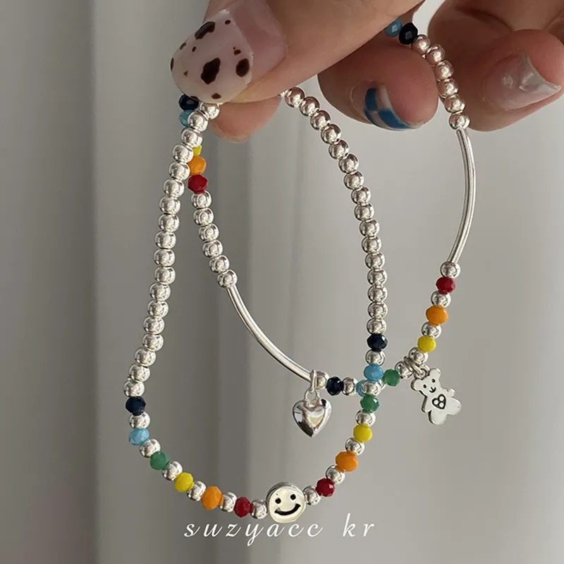 Gelang Manik-Manik Elastis Desain Beruang Hati Smiley Warna Pelangi Gaya Korea Untuk Wanita