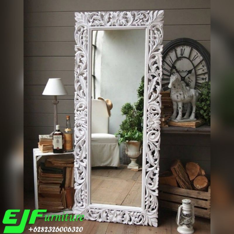 pigura cermin hias ukir jepara duco putih putih model terbaru// cermin hias mewah ukiran jepara