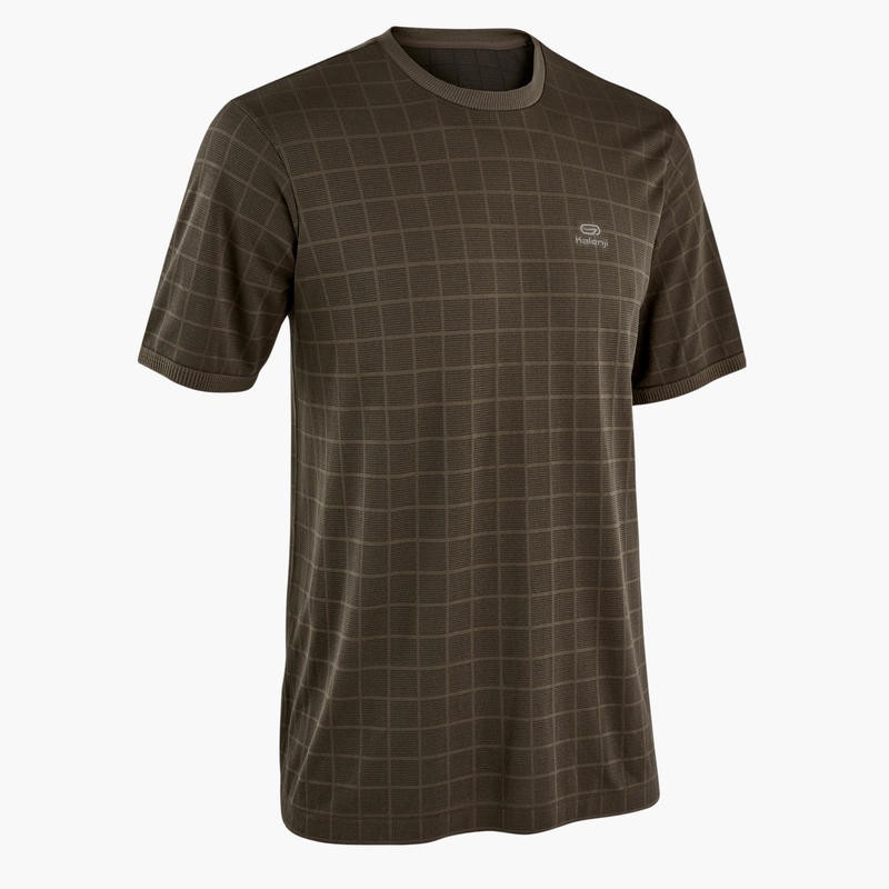 KALENJI Olahraga Lari Kaos T-shirt Pria Run Dry+ Pola Kotak - Kotak Menyerap Keringat - Brown