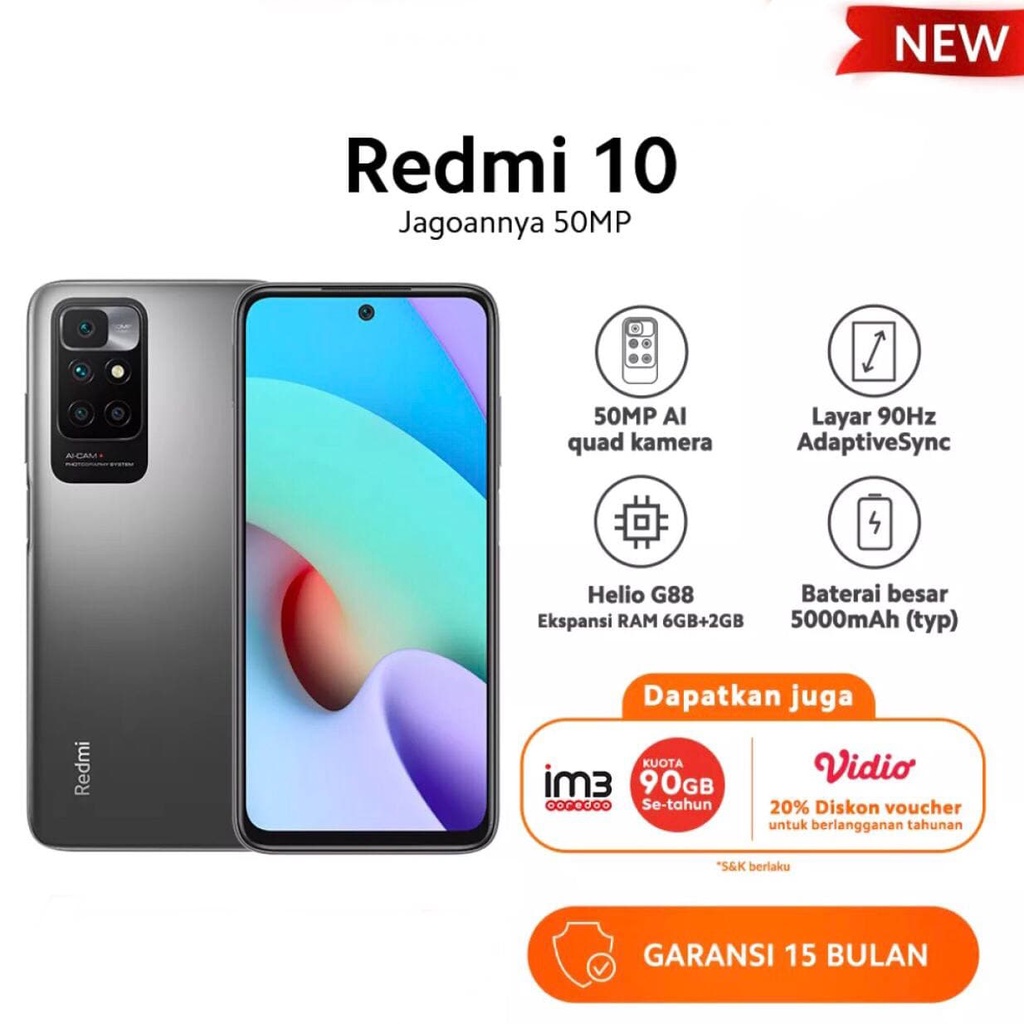 Xiaomi Redmi 10 [4GB+64GB - 6GB+128GB] 6.5&quot; LCD - Helio G88 - 50MP Quad Camera - 5000mAh Garansi Resmi Xiaomi 15 Bulan