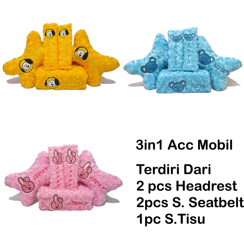 BT21 Carset 3in1 Mobil Headrest Sarung tisu seatbelt Bulu