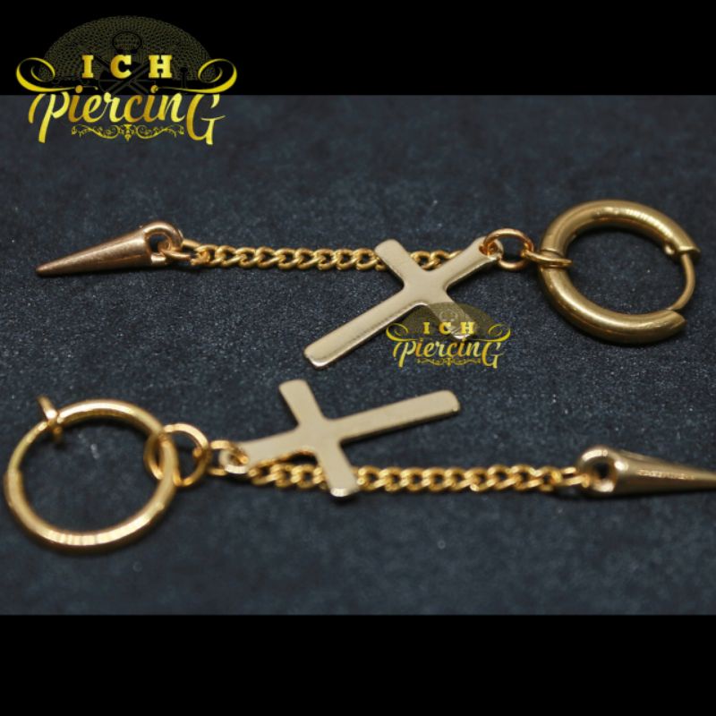 anting Hoop model Salib 01rante bandul gold / anting tindik dan jepit titanium gold / ICH PIERCING