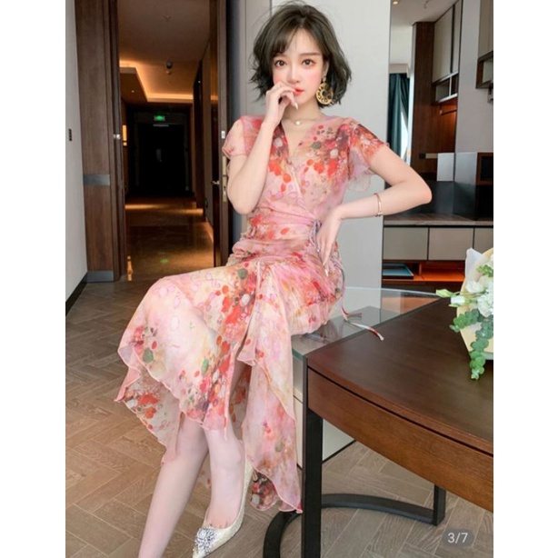 VN SUMMER DRESS / DRESS PANTAI /  KOREAN DRESS BEACH PARTY V NECK PINK MERMAID FLORAL DRESS SWEETHEART