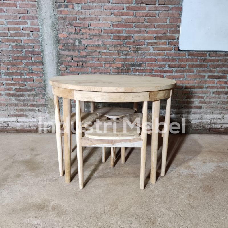 Set Meja Makan Bundar Cafe Minimalis Retro - Kursi Makan Unik Kayu Jati