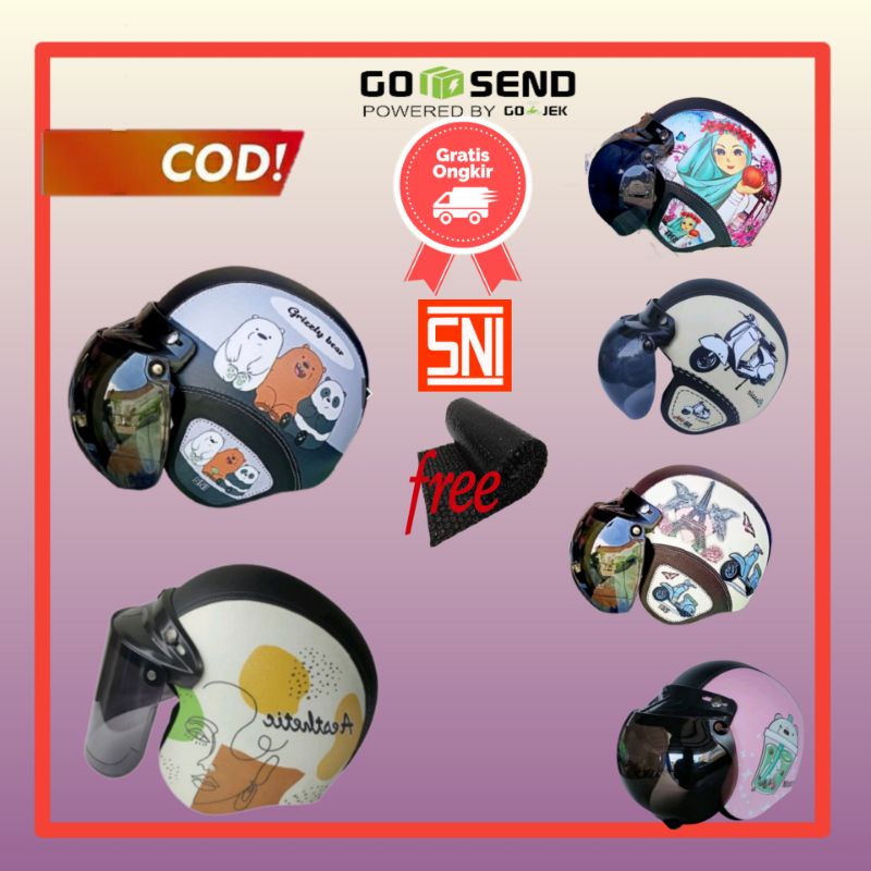 helm helem bogo morif karakter retro kulit premium sni dewasa kaca datar cembung wanita pria cewek c