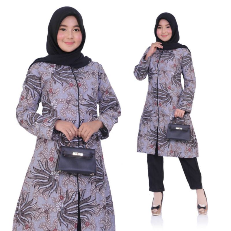 Tunik Batik Resleting Depan Dress Batik Wanita / Atasan Wanita Batik Jumbo Rits Depan / Tunik Batik 