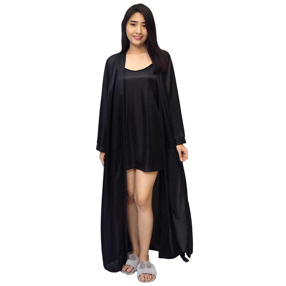 FOLVA kimono set baju tidur satin 1340BSET hitam all size