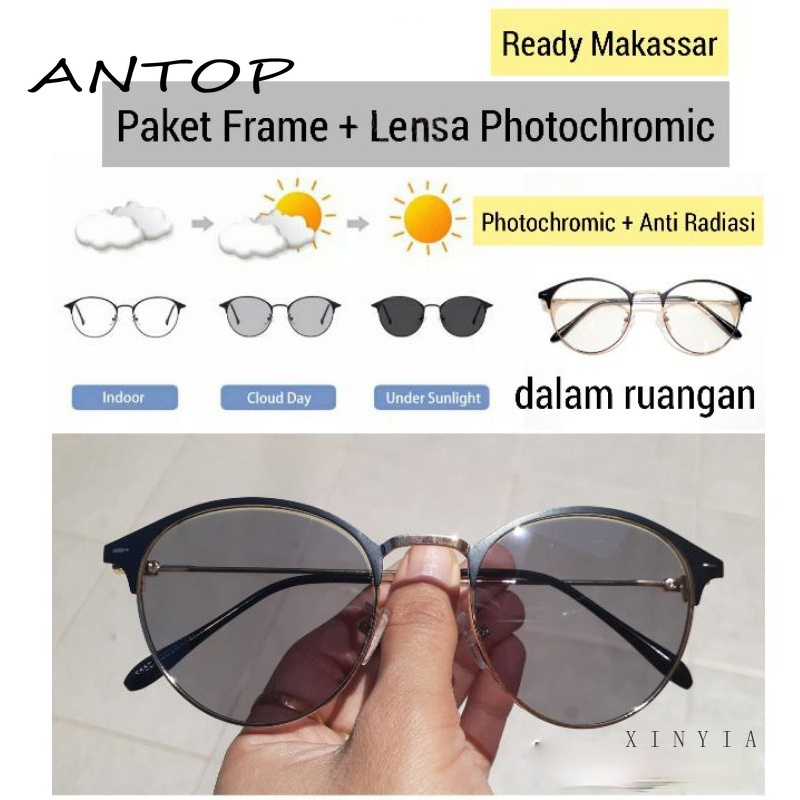 [2 In 1 Photocromic] Kacamata Lensa Photocromic + Anti Radiasi Blueray (Bluechromic) Pria Wanita Frame Besi Photochromic ANTOP