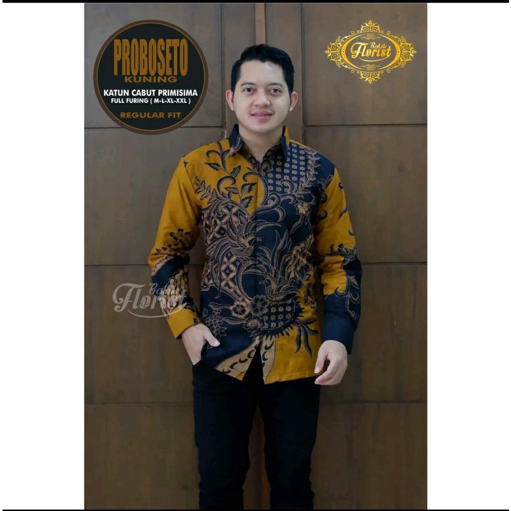 PROBOSETO atasan kemeja batik pria batik kuning mustard kunyit lengan panjang premium katun halus la