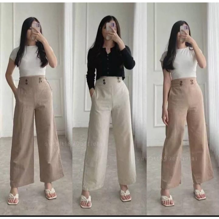 Celana Kulot Linen Highwaist Premium 2240 Side Button - Cullote Pants | Celana Kulot Wanita VENYTA