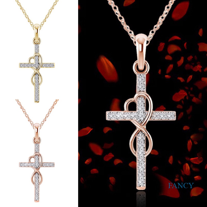 Kalung Liontin Salib Kristen Infinity Love God We Trust Warna Rose Gold Aksen Berlian Imitasi Untuk Wanita