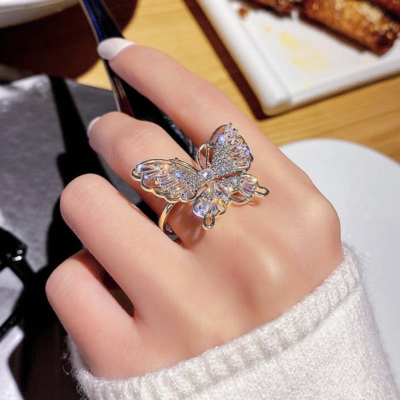 Cincin Jari Telunjuk Model Terbuka Desain Kupu-Kupu Aksen Zirkon Gaya Korea Untuk Wanita