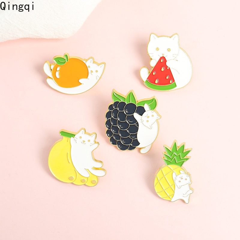 Bros Pin Enamel Desain Kartun Buah Jeruk Anggur Semangka Pisang Nanas Kucing Untuk Pakaian Tas